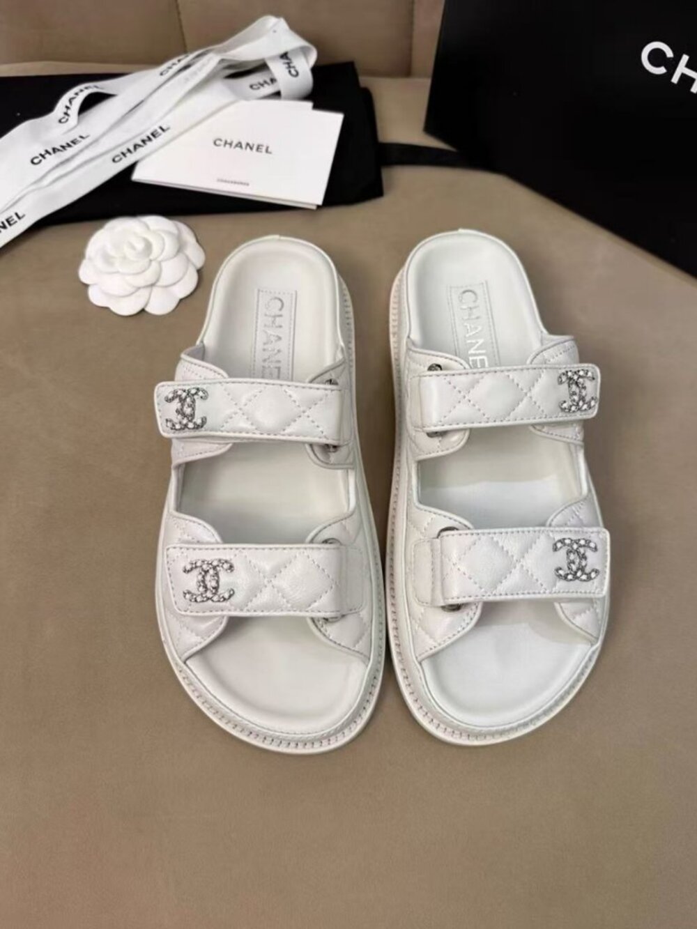CHANEL Solid White Quilted Leather Metal CC Double Strap Slides